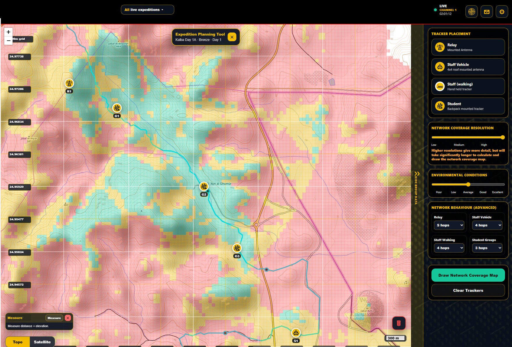 MeshSense — Expedition Planning Tool: predicted LoRa mesh coverage across the Hajar terrain, with tracker, staff-vehicle and repeater placement.